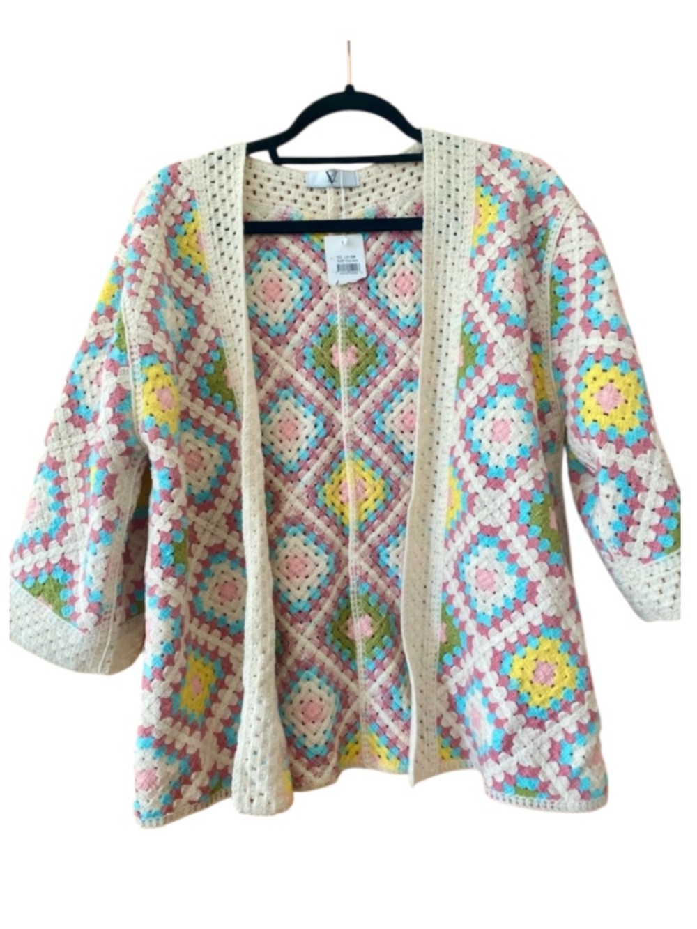 NWT Pastel Granny Square Crochet Cardigan Boho Cottagecore Open Front OS